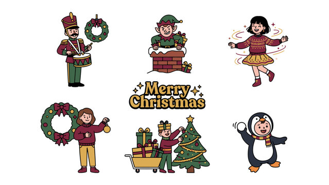 Christmas Celebration Icons: A collection of festive Christmas icons, including a toy soldier, elf, dancing girl, child with ornament, tree decorating scene, and a cheerful penguin.