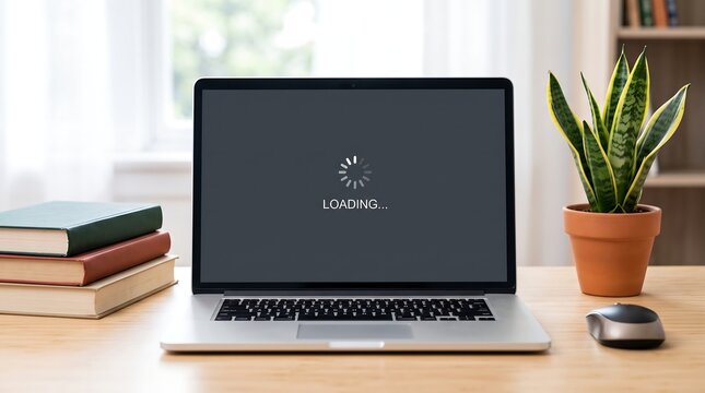 Laptop screen showing loading icon on wooden desk, digital progress bar on computer display, home office workspace with books and plant
