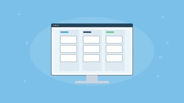 automated kanban board with tasks moving across columns, sky blue color scheme