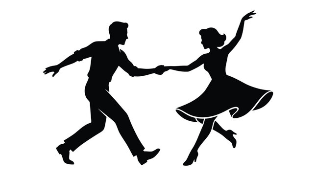 Adobe Illustrator Artwork Elegant couple performing lively swing dance moves captured in black silhouette on a plain white background