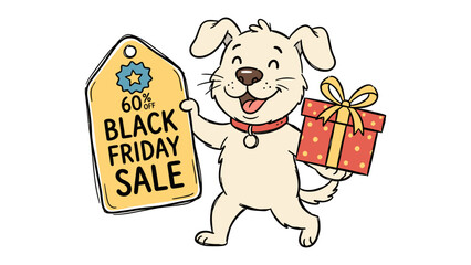 Fototapeta premium Black Friday Sale Buddy: A cheerful cartoon dog, adorned with a festive collar, proudly displays a 60% Black Friday Sale tag in one paw and a beautifully wrapped gift box in the other.