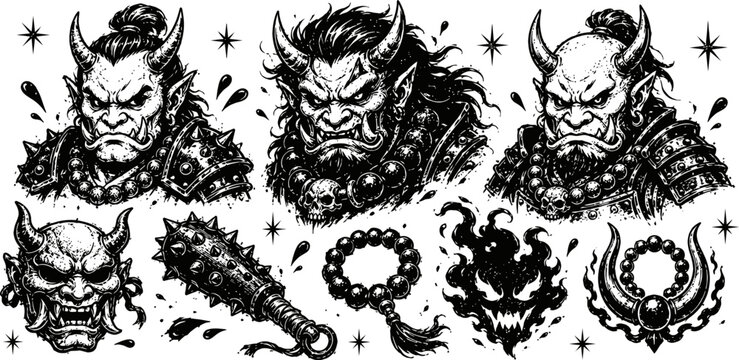 orc warrior heads with tribal jewelry and weapon illustrations in black and white