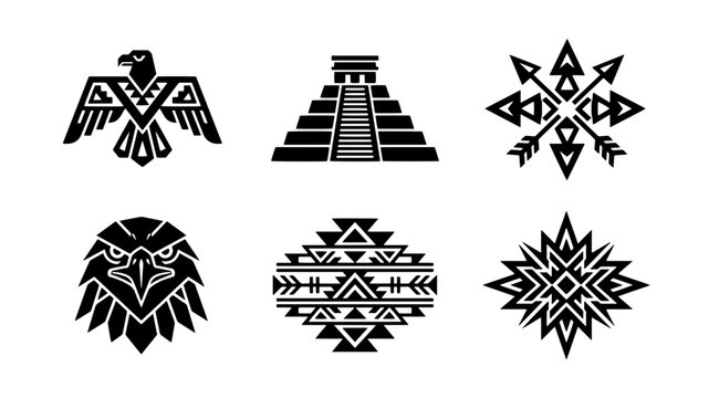 70 Tribal Aztec Eagle and Pyramid Icons, Geometric Arrow Symbols, Vector Set for Cultural and Spiritual Designs 100