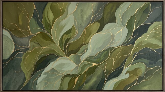 Abstract artistic oil painting texture with green and dark foliage leaves illustration