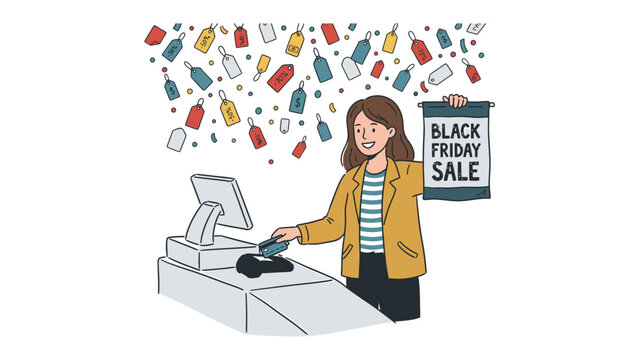 Black Friday Shopper at Checkout: A cheerful woman holds a sign advertising a Black Friday sale while using a card reader at a checkout counter, surrounded by colorful tags symbolizing discounts.
