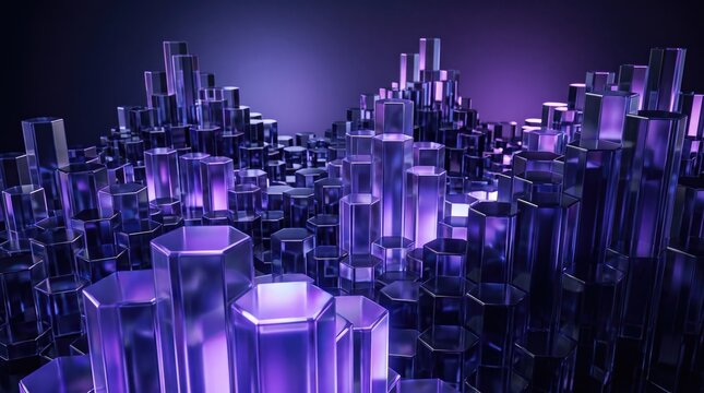 3D abstract background with glowing purple hexagonal crystal pillars and geometric shapes