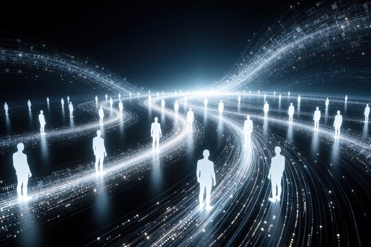 Digital human silhouettes stand on bright glowing lines forming futuristic pathways. People connect across a vast network in abstract global data stream. Future technology unity.