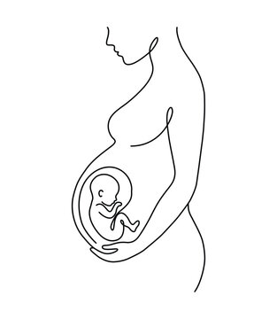 Continuous line drawing of a pregnant woman holding her belly with a baby inside, minimalist style illustration