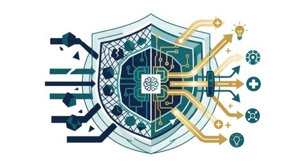 Obraz premium Illustration presents a metaphorical shield protecting against risks while promoting benefits of AI systems in technology today.