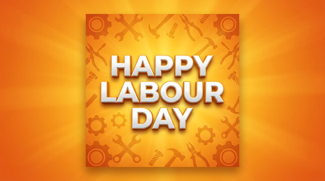 Happy labour day greeting card design with orange background and various construction tool icons and symbols