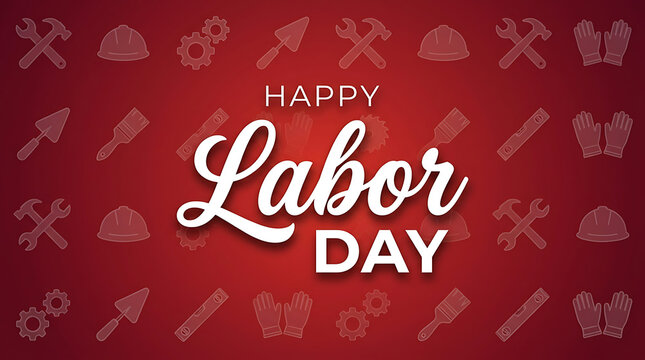 Happy labor day greeting card design with white typography and construction tool icons on a red background
