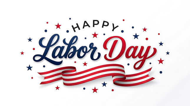 Happy labor day greeting card design with elegant calligraphy and decorative red white and blue stars
