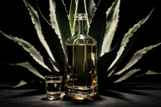 Glass bottle of mezcal stands with full shot glass near green agave plant. Traditional Mexican spirit beverage rests on dark table. Organic alcohol drink preparation for party celebration event.