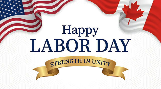 Happy labor day banner with american and canadian flags and a golden ribbon saying strength in unity