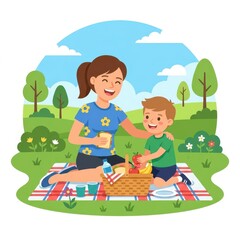 Naklejka premium Mother and son enjoying a picnic in a park