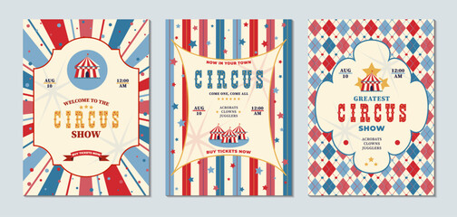 Vintage red and blue circus posters set, retro carnival show flyer templates with big top tent and stars. Posters for children's carnival © Lorem ipsum