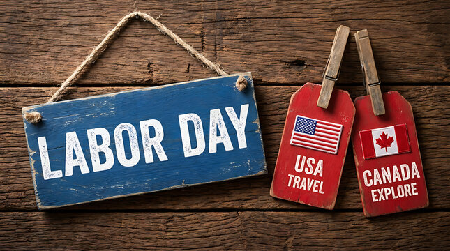 Labor day sign with usa and canada travel luggage tags on a rustic wooden background