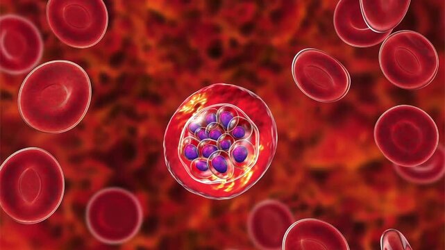 Plasmodium vivax schizont, 3D animation of intraerythrocytic malaria stage containing multiple developing merozoites within enlarged red blood cell.