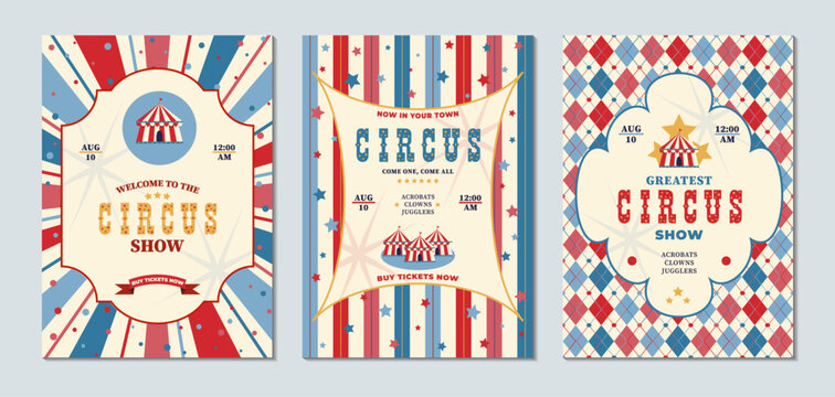 Vintage red and blue circus posters set, retro carnival show flyer templates with big top tent and stars. Posters for children's carnival