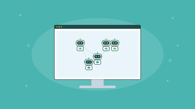 network of connected AI bots building up on a screen, teal color scheme