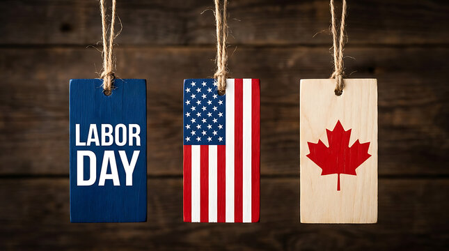 Wooden hanging tags with labor day text and american and canadian flag symbols on rustic wooden background