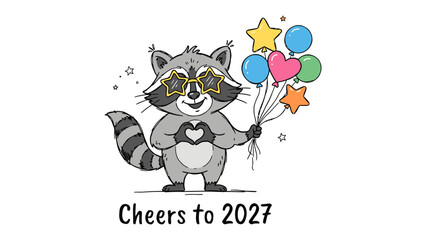 Raccoon Toasting to the New Year: A cute raccoon wearing starry glasses and holding a heart symbol, celebrates the upcoming year with a bouquet of colorful balloons, wishing Cheers to 2027. © Abu