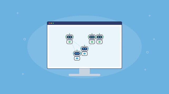 network of connected AI bots building up on a screen, blue color scheme