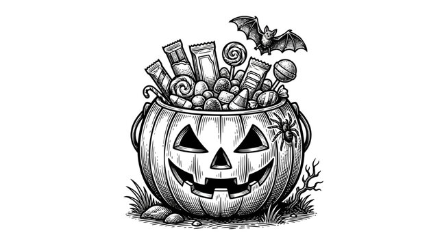 Jack-o-lantern bucket filled with candy and flying bat