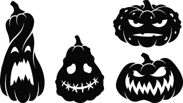 Set of scary Halloween pumpkin silhouettes with carved spooky faces and funny expressions for design
