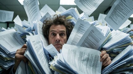 Plakat Stressed man drowns under massive pile of paper documents in office. Frustrated male worker feels overwhelmed by urgent work tasks, tight deadlines. Business person experiences mental exhaustion due