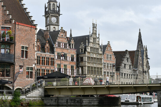 Guild Houses and Bridge Over the Leie River in Ghent Belgium