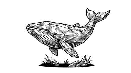 Stylized geometric whale illustration in black ink sketch style. © defi