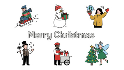 Fototapeta premium Christmas Greetings Collage: A charming collage featuring six festive illustrations: a child sledding, a snowman with a gift, a person holding a coin and globe, a chimney sweep, a gift vendor.