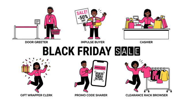 Black Friday Shopping Frenzy: A vibrant illustration showcasing various aspects of Black Friday sales, from door greeters and impulse buyers to cashiers, gift wrappers, promo-code sharing.