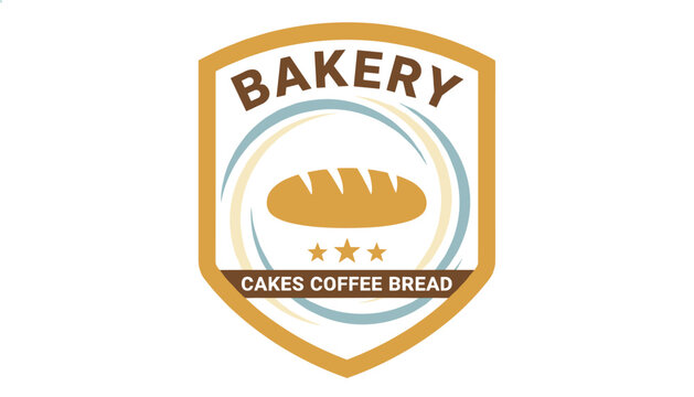 Bakery logo emblem in a shield shape featuring a loaf of bread, stars, and decorative swirl background.