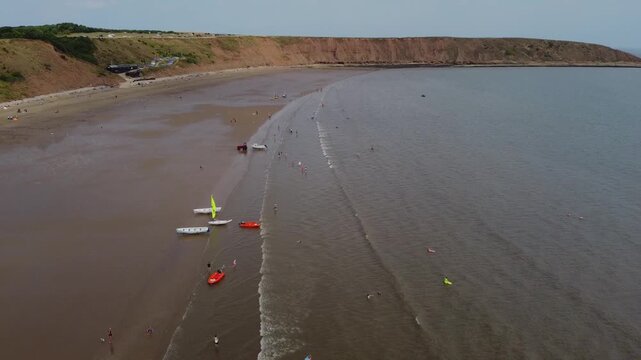 Drone. Filey, UK English seaside town. Summer holidays. 