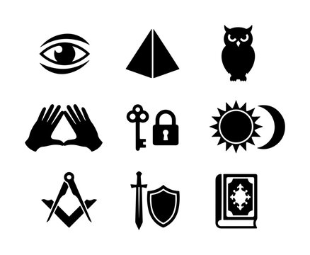 70 Mystic Symbols Collection: Eye, Pyramid, Owl, Hands, Key, Sun, Moon, Compass, Sword, Shield, Book Icons. Esoteric, Secret Society, Freemasonry Vector Graphics. 100