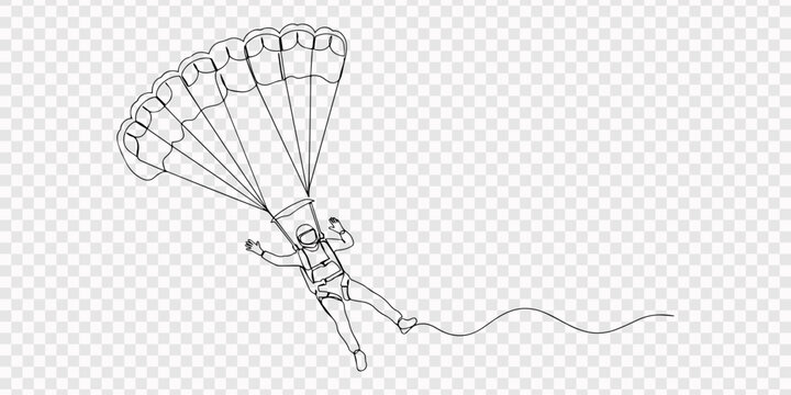Dynamic single line drawing of a parachutist descending with an open parachute, transparent background, Single one line drawing Army, Air Force and Navy. Military concept. Continuous line draw design.