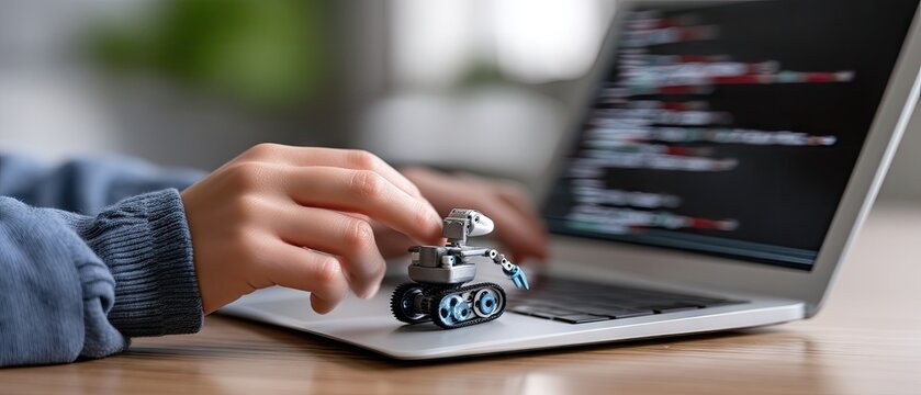 Child builds and programs a robotic vehicle using a construction kit at a wooden workspace with a laptop showing programming blocks