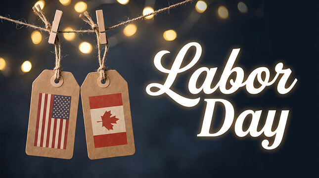 Labor day celebration concept with united states and canadian flags on hanging craft paper tags