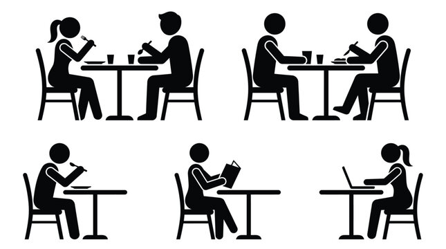 Adobe Illustrator Artwork Stick figures dining and working at tables displayed in a clean black and white illustration style