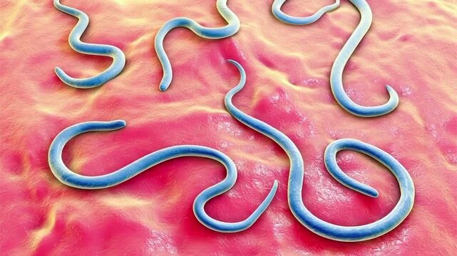 Toxocara canis larvae, 3D animation of elongated nematode larvae migrating through human tissues, causative agent of toxocariasis and visceral larva migrans.