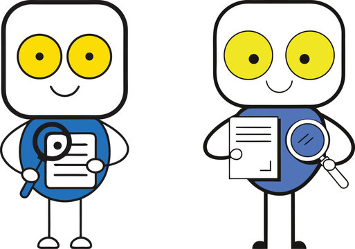The robot is proofreading a document with a magnifying glass.