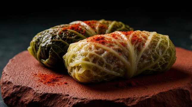 Two traditional sarma rolls with meat filling sit on red stone surface. Green fermented cabbage leaves wrap minced pork stuffing inside. Red paprika spice garnish adds vibrant color contrast. Balkan