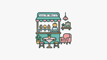 Naklejka premium Cartoon Food Stall with Happy Customers.