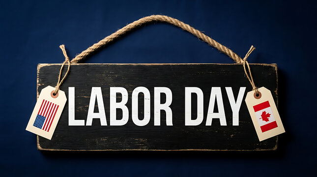 Black wooden sign with labor day text hanging with american and canadian flag tags on blue background
