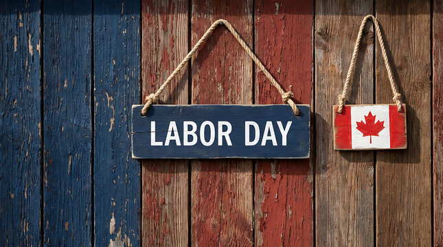 Labor day sign hanging on a rustic wooden wall painted with red and blue stripes