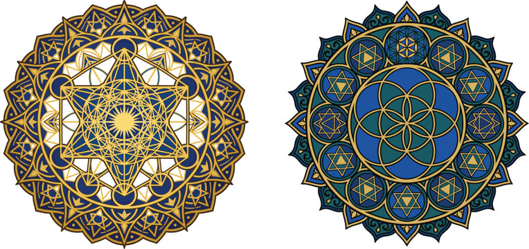 Sacred geometry mandala with gold star. Spiritual ornate pattern for meditation and design.