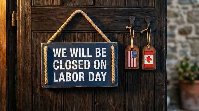 A rustic wooden sign hanging on a dark door announcing that the business is closed for labor day