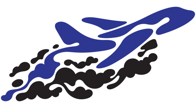 Abstract blue airplane vector graphic flying with black smoke trail and jet stream